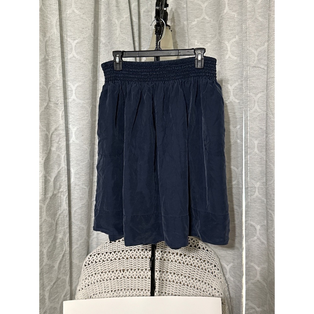 Talbots 100% Silk Navy Blue Smocked Waist Skirt Pockets Womens Large